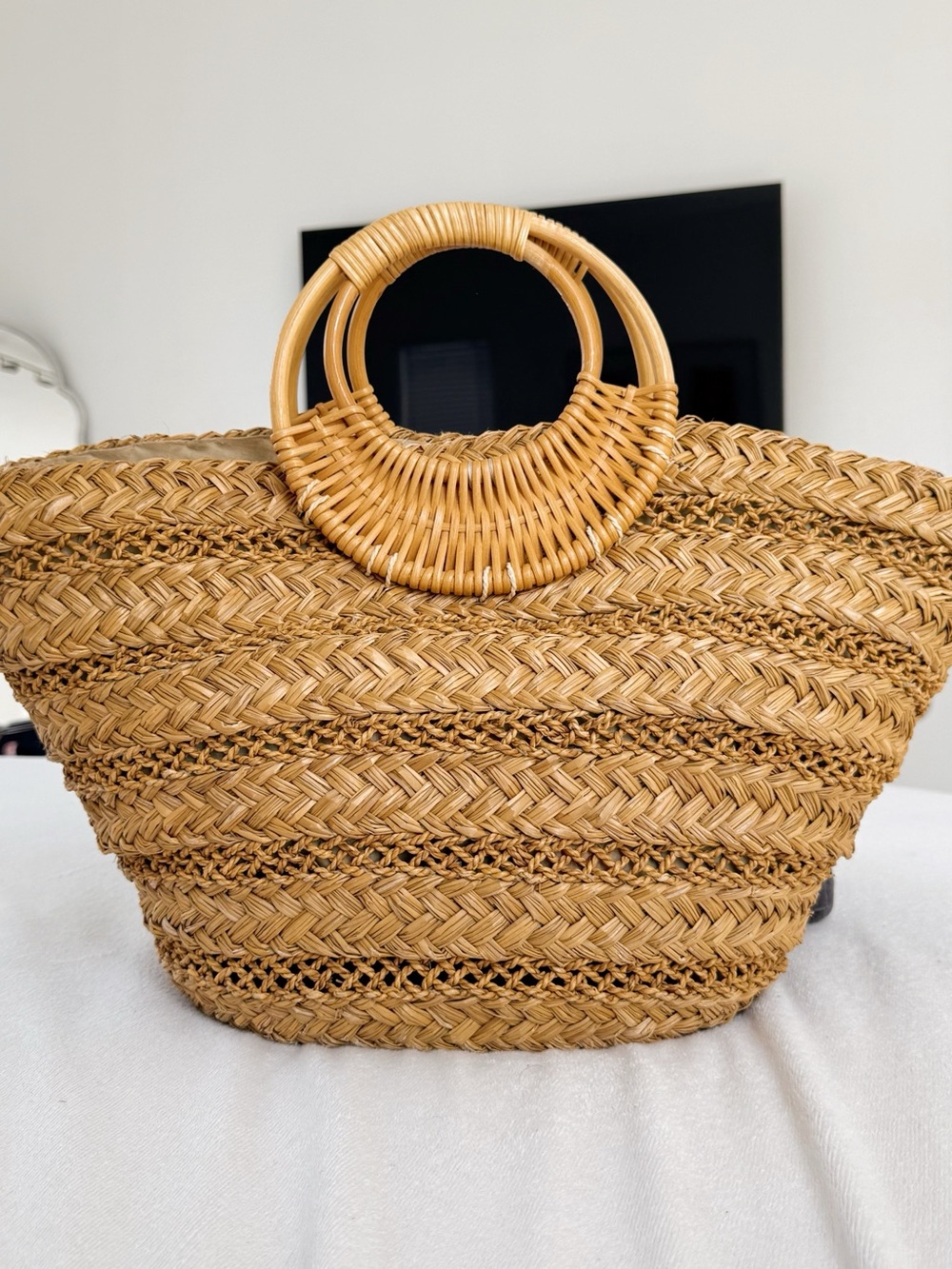 Woven Straw Tote Bag with wooden Handles - water grass hyacinth raffia wicker